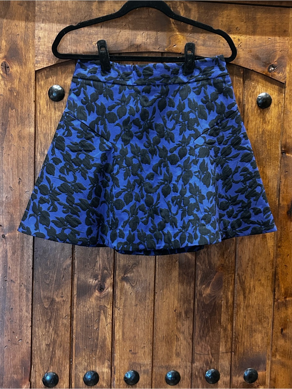 Express Blue and Black Floral Jacquard Fit & Flare Mini Skirt, Size 6